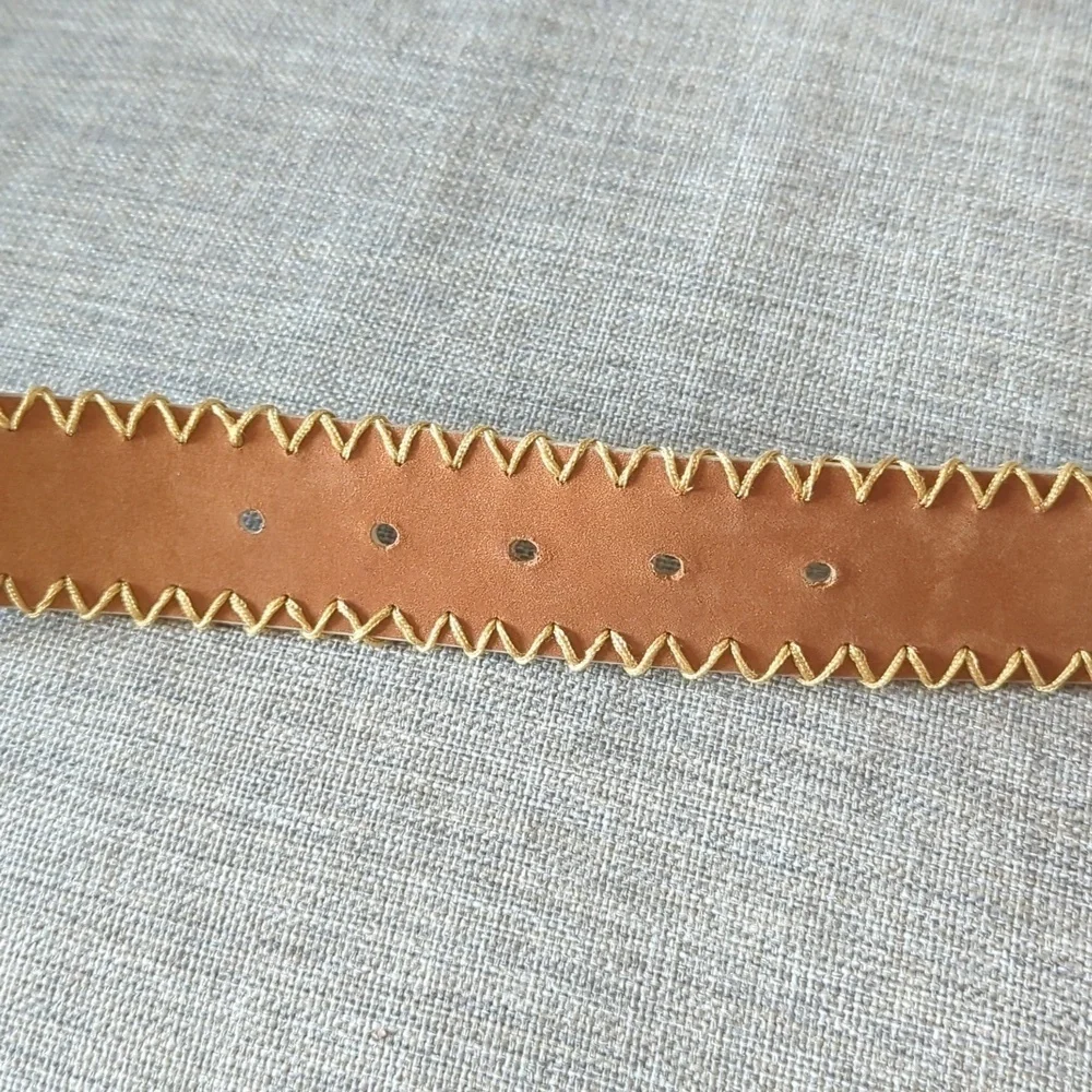 Ivory Genuine Leather Beaded Belt Gold Whipstitch Sequin Boho Western